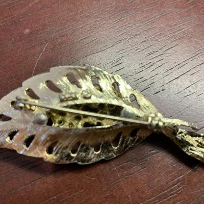 Vintage Coro Rhinestone Leaf Brooch