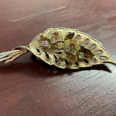 Vintage Coro Rhinestone Leaf Brooch