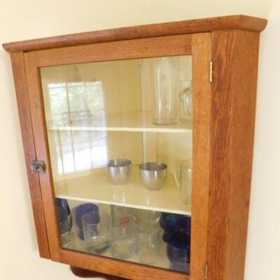 Antique Solid Wood Primitive Corner Hanging Wall Cabinet with Glass Front