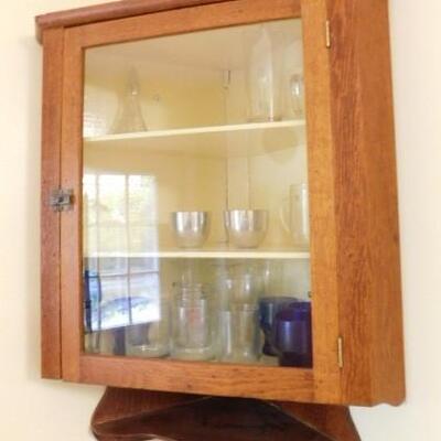 Antique Solid Wood Primitive Corner Hanging Wall Cabinet with Glass Front
