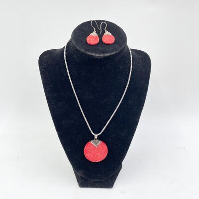 STERLING SILVER & RED CORAL NECKLACE & EARRING SET