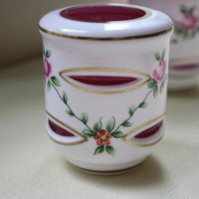 Vintage Bohemian Cased Overlay Cut to Cranberry pair Candle holders 3" (KP/CN)