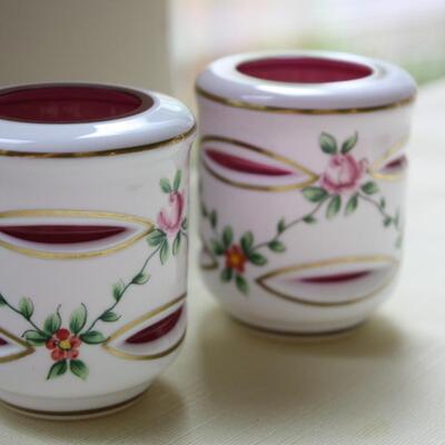 Vintage Bohemian Cased Overlay Cut to Cranberry pair Candle holders 3" (KP/CN)
