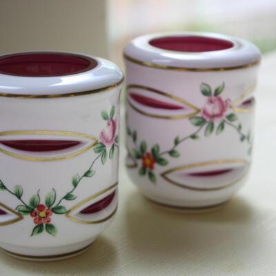 Vintage Bohemian Cased Overlay Cut to Cranberry pair Candle holders 3" (KP/CN)