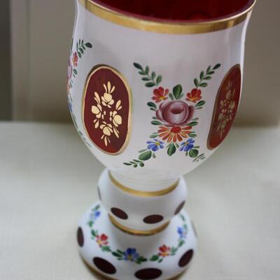 ESTATE BOHEMIAN WHITE OVERLAY CZECH CUT GOBLET VASE GLASS 6.25" (KP/CN)