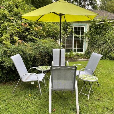 359 Four Patio Chairs/ 2 Small Folding Tables / Umbrella with Stand 
