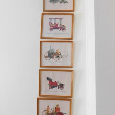 Set of Five Framed Signed Prints of Antique Steam Jalopies