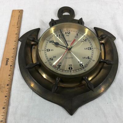 Brass Clock inside Shipâ€™s Wheel and Anchor Battery Operated