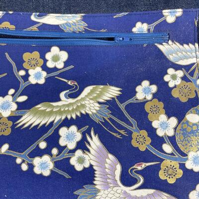 Cranes and flowers denim and wood large shoulder bag