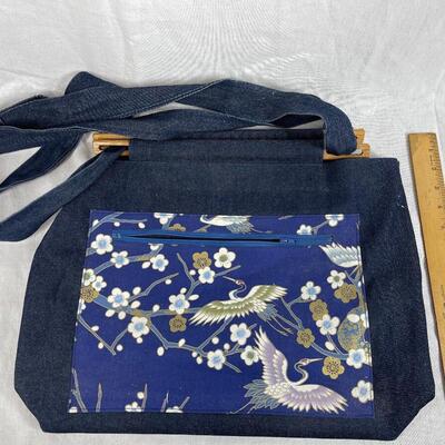 Cranes and flowers denim and wood large shoulder bag