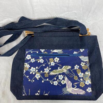 Cranes and flowers denim and wood large shoulder bag