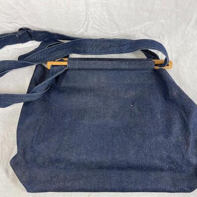 Cranes and flowers denim and wood large shoulder bag