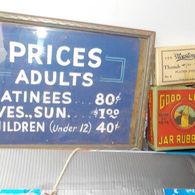 1930's Movie sign and 1900's tacks & Jar rubbers.