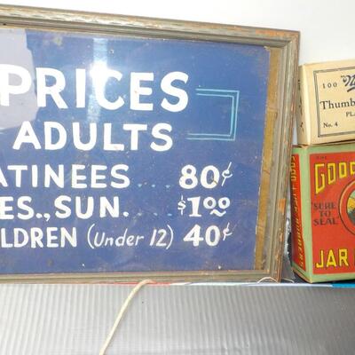 1930's Movie sign and 1900's tacks & Jar rubbers.