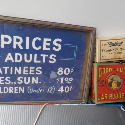 1930's Movie sign and 1900's tacks & Jar rubbers.