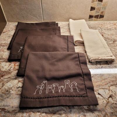 Lot 77: (4) Brown with White Dogs Napkins & (2) Natural Tan Napkins