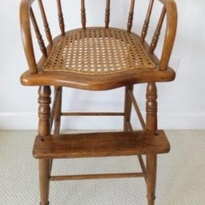 Antique Solid Wood Cane Bottom Seat High Chair