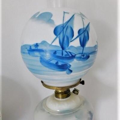 Vintage Hand Painted Blue and White Electric Hurricane Lamp