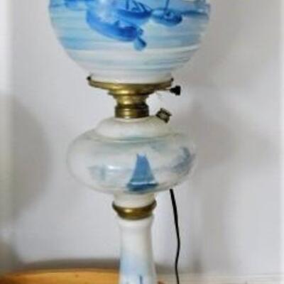 Vintage Hand Painted Blue and White Electric Hurricane Lamp