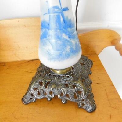 Vintage Hand Painted Blue and White Electric Hurricane Lamp