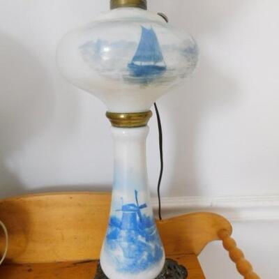 Vintage Hand Painted Blue and White Electric Hurricane Lamp