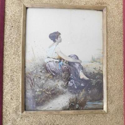 Nice Victorian Framed Art Woman Beside Creek 
