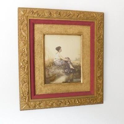 Nice Victorian Framed Art Woman Beside Creek 