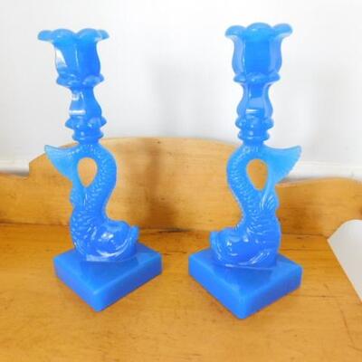 Gorgeous Imperial MMA Blue Milk Glass Koi Candle Holders 11"