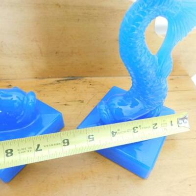 Gorgeous Imperial MMA Blue Milk Glass Koi Candle Holders 11"