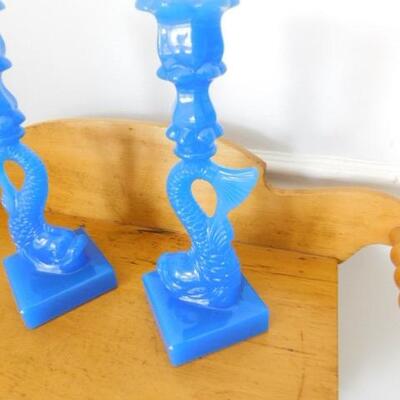 Gorgeous Imperial MMA Blue Milk Glass Koi Candle Holders 11"