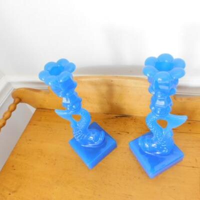Gorgeous Imperial MMA Blue Milk Glass Koi Candle Holders 11"