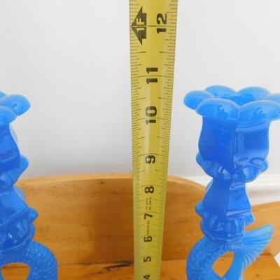 Gorgeous Imperial MMA Blue Milk Glass Koi Candle Holders 11"