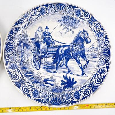 VINTAGE â€œDELFTS BLAUâ€ DELFTWARE HORSE & CARRIAGE DECORATIVE PLATES