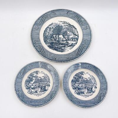 VINTAGE CURRIER & IVES DINNER PLATE & 2 BREAD PLATES