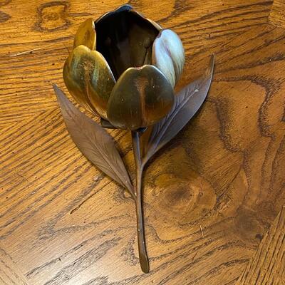 Vintage Mid Century Hollywood Regency Tulip Flower Brass Ashtray Matchbook Holder Table Art 