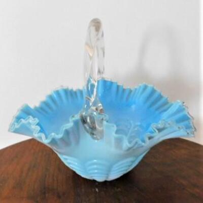Vintage Fenton Blue and Clear Glass Ruffled Edge Basket