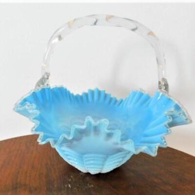Vintage Fenton Blue and Clear Glass Ruffled Edge Basket