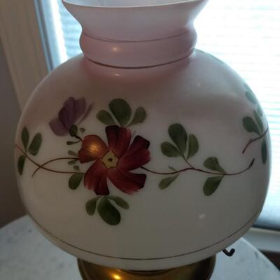 Vintage Painted Shade Hurricane Lamp with Brass Oil Lamp Post