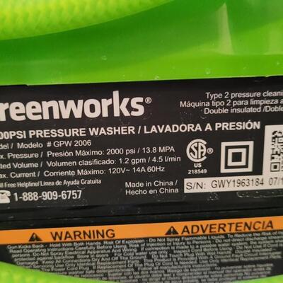 Lot 173: GREENWORKS 2000 PSI Type 2 Power Washer 