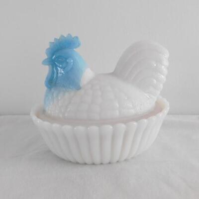 Vintage White Milk Glass Dominant Nesting Hen with Blue Head