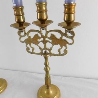 Pair of Vintage Solid Brass Lion Scroll Triple Arm Candlabras