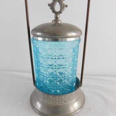 Vintage Blue Glass Pickle Jar with Caddy