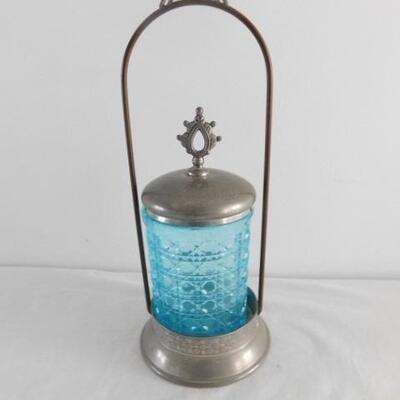 Vintage Blue Glass Pickle Jar with Caddy