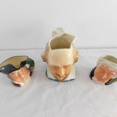 Set of Three Mid Century English Pottery Toby Mugs includes The Lawyer, Mine Host, and Shakespeare 