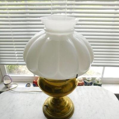 Vintage Electric Brass Base Milk Glass Shade Table Lamp