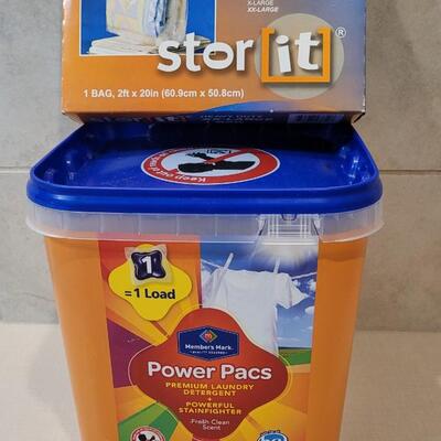 Lot 260: 1/2 Full POWER PACS Laundry Detergent Bucket + New XXL Storage Bag