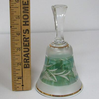 Vintage Bohemian Cut to Clear Teal Iridescent Glass Bell, Roses Pattern, Satin Finish, No Label, Read descripton