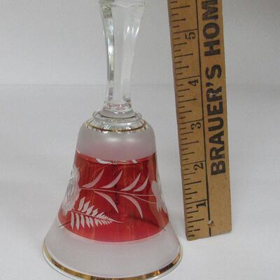 Vintage Bohemian Cut to Clear Red Glass Bell, Satin Finish, Rose Pattern