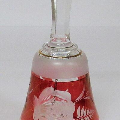 Vintage Bohemian Cut to Clear Red Glass Bell, Satin Finish, Rose Pattern