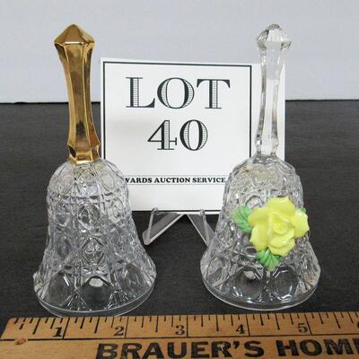 2 Vintage Small Pressed Glass Bells, One With Applied Yellow Rose, Taiwan